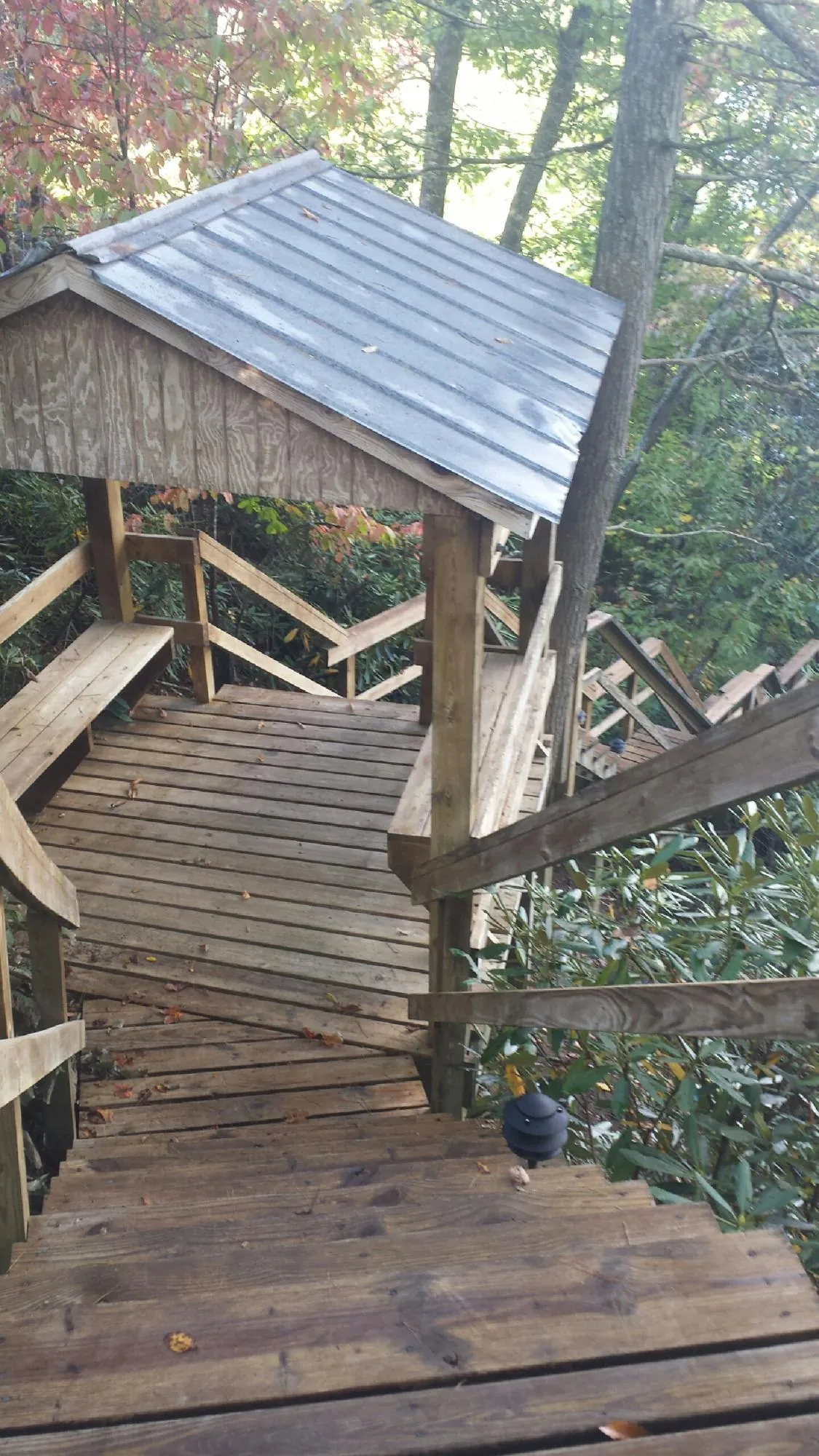 Metal roofed shelter over wooden steps on a wooded walkway — Skylight Repair & Installation work by our crew in Harrodsburg